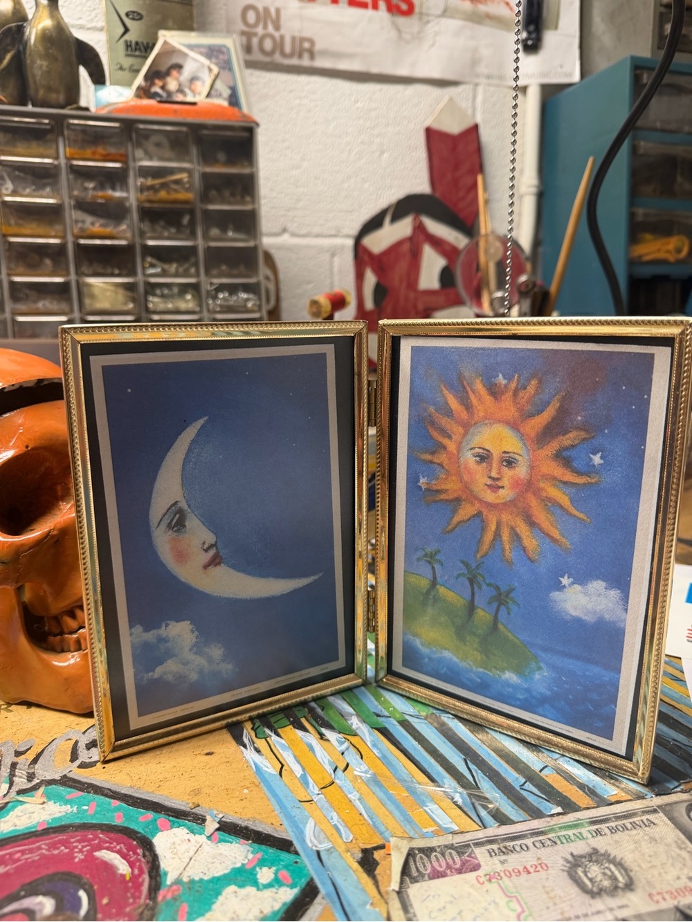 Vintage double brass frame with celestial prints